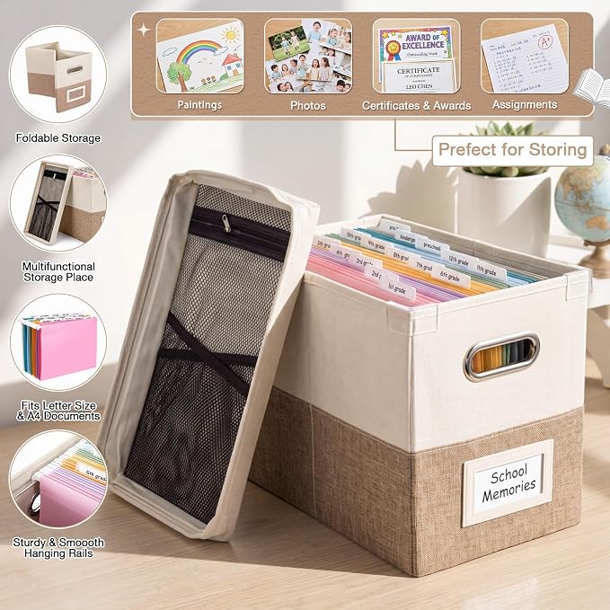 1 Set School Memory Box Organizer, School Keepsake Organizer K-12,Beige | with 15 Hanging File Folders, 4 Labels, 3 Sticker, Mesh-Pocket Lid, for Letter/A4, Report Cards, Photos, Awards, File Keeper - Image 4