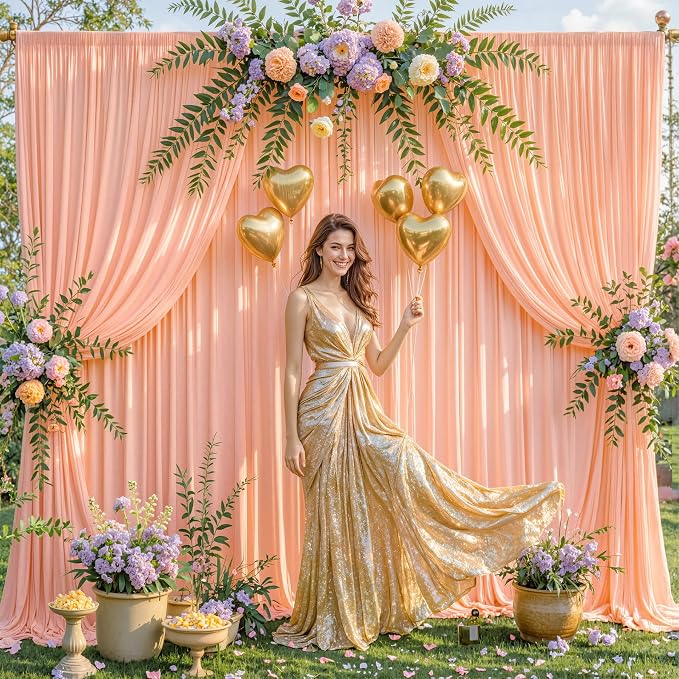 4 Panels Peach Backdrop Curtain for Parties Baby Shower Wrinkle Free Peach Photo Curtains Backdrop Drapes Fabric Decoration for Wedding Birthday Party 20ft(W) x 10ft(H) - Image 2