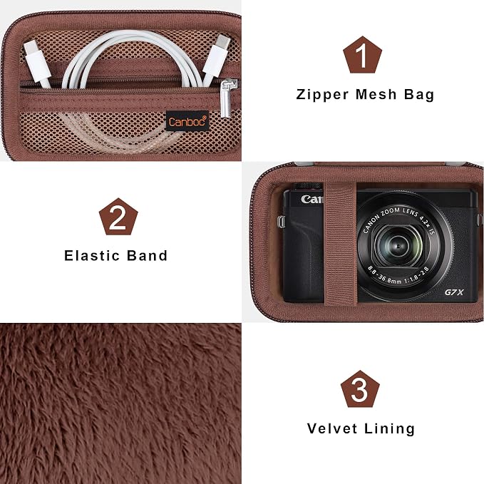 Canboc Camera Case for Canon PowerShot G7 X Mark III/ G7X Mark II, Brown | For SX740/ SX730/ G7X3 Carrying Camera Bag, Zipper Mesh Pocket fits USB Cable, Batteries - Image 5