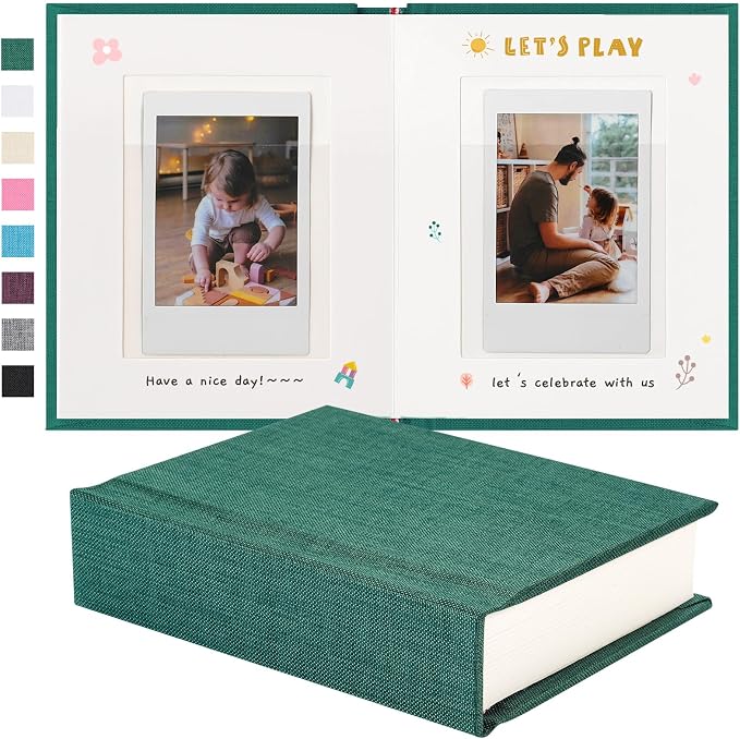 Instax Mini Photo Album with Writing Space, Linen Cover, Green | Compatible with 2x3 inch & Polaroid Pictures, 28 Recessed Clear Pockets, Wedding Guest Book and Family Memories by Unknown