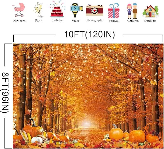 10x8FT Fall Photo Backdrop Maple Leaf Pumpkin for Photography Background Autumn Outdoor Party Decorations Fall Autumn Thanksgiving Day Photo Banner - Image 5