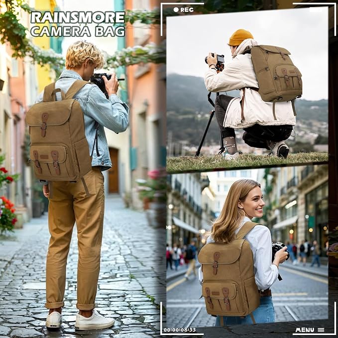 RAINSMORE Camera Backpack, DSLR SLR Mirrorless Camera Bag for Photographer | 15.6 Inch Vintage Canvas Camera Case with Laptop Compartment & Tripod Holder & Rain Cover for Sony Canon Nikon Fujifilm Khaki - Image 7