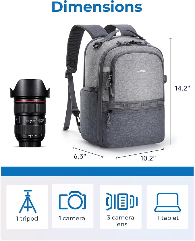 BAGSMART 2 in 1 Small Camera Backpack for DSLR, Fits 12.9" iPad, Gray | Small SLR Camera Bags for Photographers with Shoulder Strap, Compatible for Sony Canon Nikon, Travel Backpack for Men Women - Image 6
