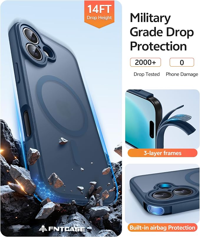 FNTCASE for iPhone 16 Case, Fit for Magsafe, Screen Protector, Blue | Full Camera Protection, Translucent Matte, 14FT Military Grade Drop Proof, Shockproof Protective Phone Cover - Image 5