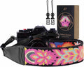 Padwa Lifestyle Colorful Knit Camera Strap - 2" Full Grain Leather Ends Camera Straps for Photographers, Vintage Embroidered Cotton Soft Suede Fabric Padded Strap Quick Release fits All Cameras by PadwaLifestyleCameraStrap