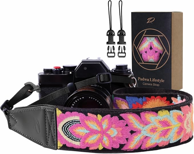 Padwa Lifestyle Colorful Knit Camera Strap - 2" Full Grain Leather Ends Camera Straps for Photographers, Vintage Embroidered Cotton Soft Suede Fabric Padded Strap Quick Release fits All Cameras by PadwaLifestyleCameraStrap
