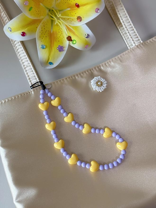 Drawwind Phone Charm Beaded Wristlet Strap Universal Cell Phone Lanyard Cute Bracelet Wrist Strap Beaded Chain String Handmade Accessories for Case Camera Bags (Yellow Hearts) - Image 5
