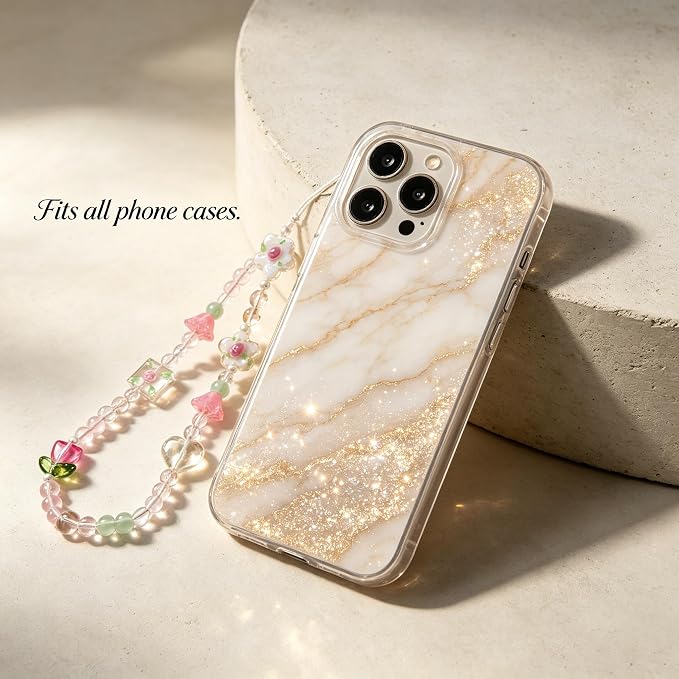 2 Pcs Phone Charm Strap Hand Wrist Strap Camera Lanyard Pearl Beaded Cute Chain String Accessories Universal for iPhone 17 Pro Max 16 15 for Samsung Women Girls Keychain Bag Pink Flower and Bows Heart - Image 8