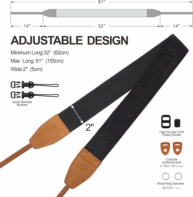 Padwa Lifestyle Corduroy Camera Strap - 2" Double Layer Full Grain Cowhide Leather Head Camera Straps for Photographers, Unique Soft Corduroy Fabric with Quick Release fits all Cameras -Black - Image 7