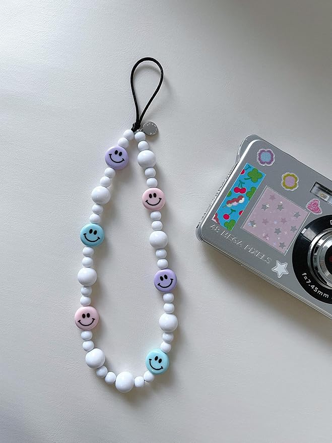 Drawwind Phone Charm Beaded Wristlet Strap Universal Cell Phone Lanyard Cute Bracelet Wrist Strap Beaded Chain String Handmade Accessories for Case Camera Bags (Smiley Face) - Image 4