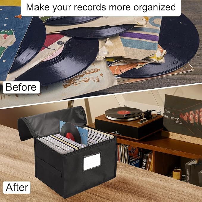 Vinyl Record Storage Box, Waterproof Organizer Storage with Lid & Handles for 60 (7-inch) Single Records, Foldable Organizer for Valuable Album Collection - Image 6