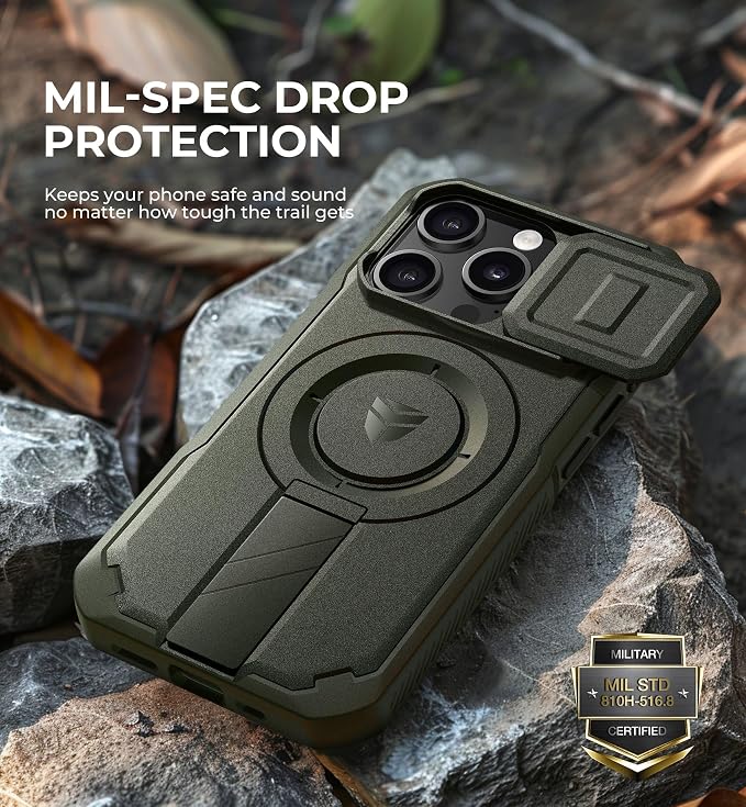 Dexnor for iPhone 15 Pro Case with Slide Camera Cover & Adjustable Kickstand, Compatible with MagSafe, Rugged Shockproof Bumper Cases Heavy-Duty Magnetic Protective Cover,6.1 inch,Army Green - Image 6