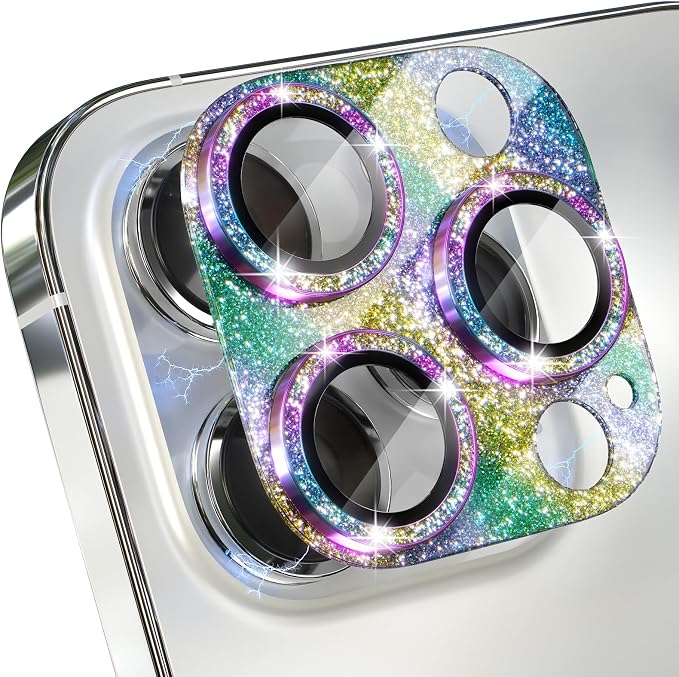 Choiche for iPhone 15 Pro/iPhone 15 Pro Max Camera Lens Protector | Bling Camera Cover with 9H Tempered Glass Lens Screen Protector Metal Ring Decoration Accessories (Glitter-Colorful) by Choiche