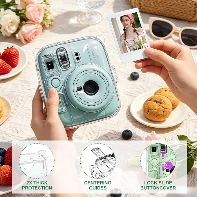 Clear Camera Case for Fujifilm Instax Mini 13, Green Camera Strap | Protective Cover with Anti-Accidental Shutter, 4 Composition Cards, Photo Storage Holds 10 Films,Clear Hard Shell, No Camera - Image 5