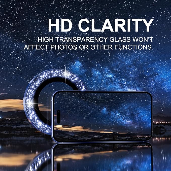 Choiche for iPhone 16/16 Plus Camera Lens Protector, Glitter-Ultramarine | Ultra HD, Bling 9H Tempered Glass Camera Cover Screen Protector Metal Individual Ring Accessories, 2-Lens, 6.1/6.7-inch - Image 5