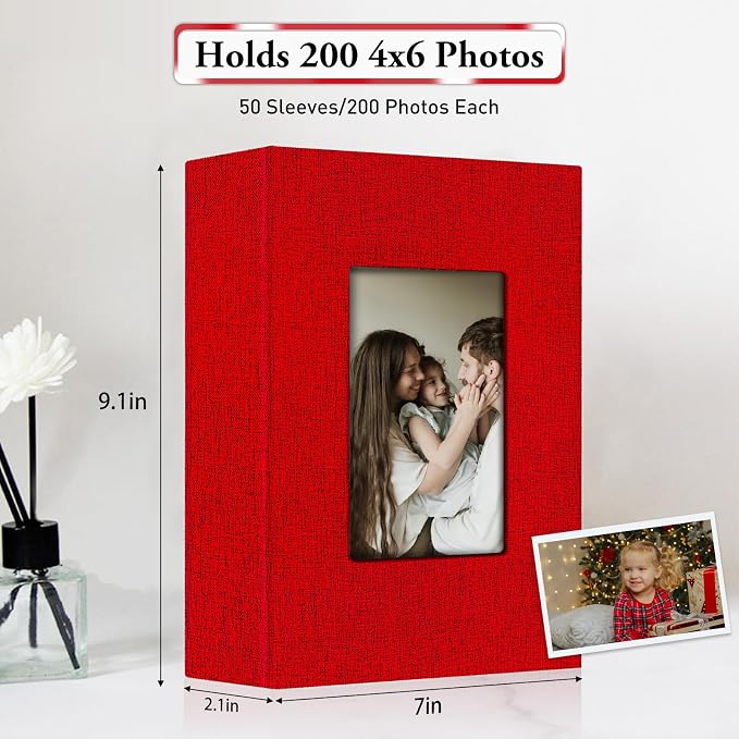 Photo Album 4x6,Linen Cover Slide-in Photo Album Book Can Holds 200 4x6 Photos with 50 Black Sheets for Baby Family Pictures Artwork or Postcards Storage (Red) - Image 3