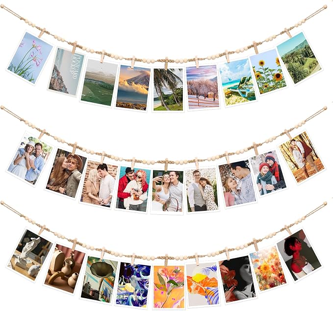 Boho Hanging Photo Display, 3 Pack Wooden Bead Garland with Clips | 30 Clips and 24 Pegs for Photos, Cards and Artwork, Bedroom Or Living Room Decor by WSICSE
