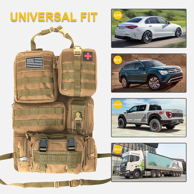 Universal Tactical Car Seat Back Organizer Bag Tactical Molle Vehicle Organizers Panel Vehicle Protector Organizers with 5 Detachable Pouches for Car Truck Ford Jeep (Khaki) - Image 4