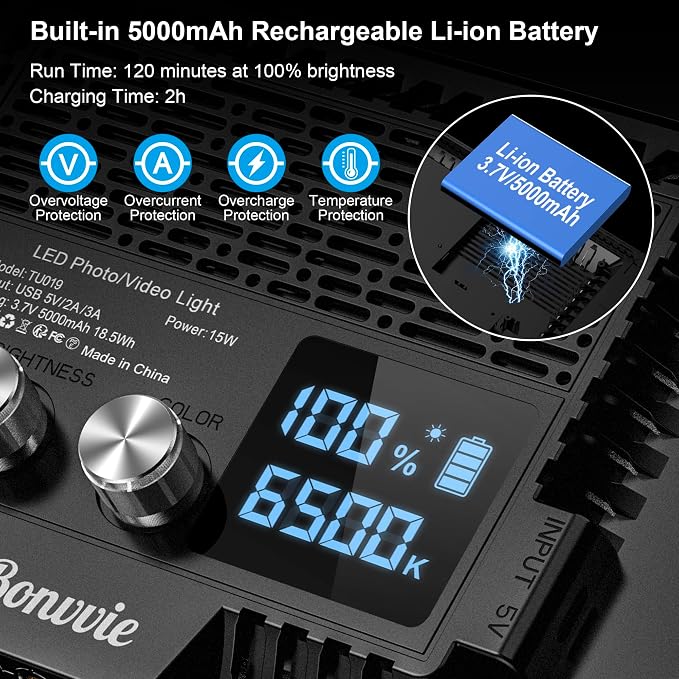 15W LED Video Lighting Kit, 9" Camera Light with 5000mAh Battery | 3000-6500K CRI 97+ Dimmable Bi-Color Soft Photo Light for Studio & Outdoor Photography Vlog Video Conference Live Streaming - Image 3