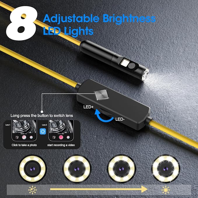 Endoscope with Light, 1920P HD Borescope with 8 Adjustable LED Lights, Semi-Rigid Snake Camera, IP67 Waterproof Inspection Tool (16.4ft, Yellow Harness + Dual Lens) - Image 3