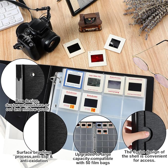 Protective Photo Slide Storage Box Set - 50 Pages Acid Free Protector 3 Ring Pocket Binder With Plastic Sleeves - Holds 20 35mm Slides Each Page - Presentation Book for Organizing - Image 3