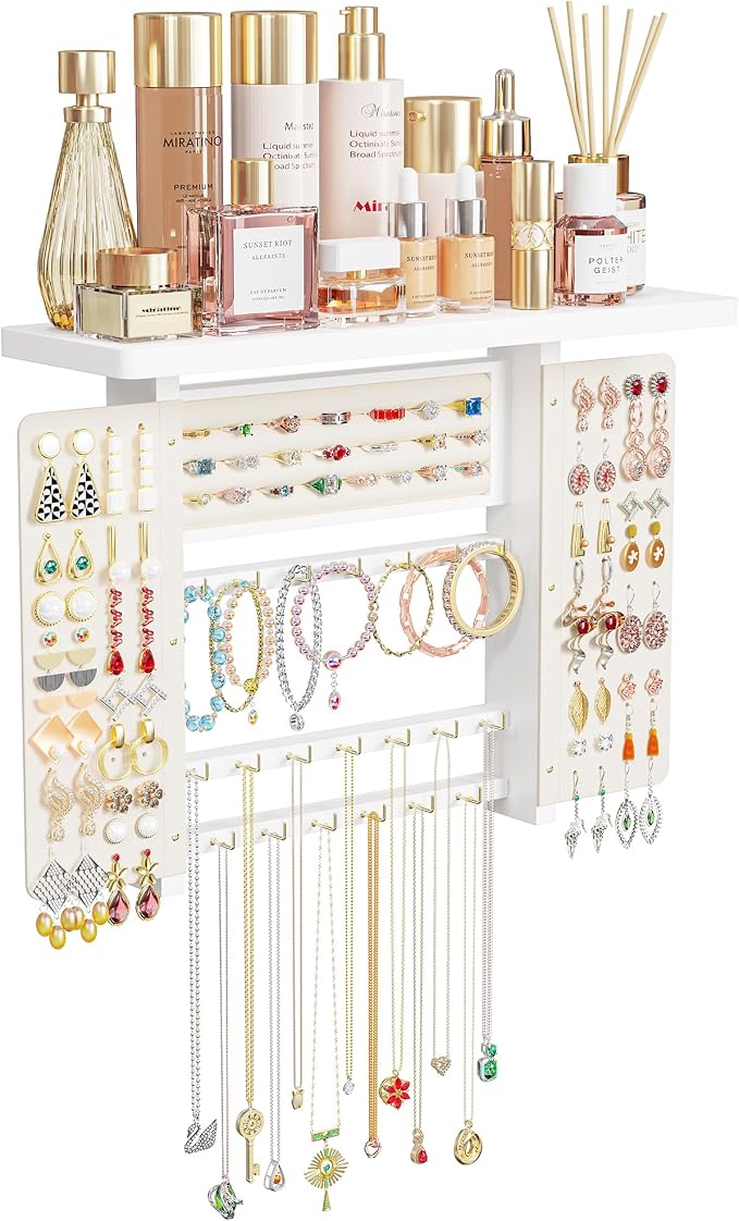 Emfogo Jewelry Organizer Hanging Wall Mounted Jewelry Holder, 5-in-1 Large Capacity Necklace Organizer Wall Hanging Jewelry Display for Ring, Necklaces, Bracelets, Earrings (White) - Image 9
