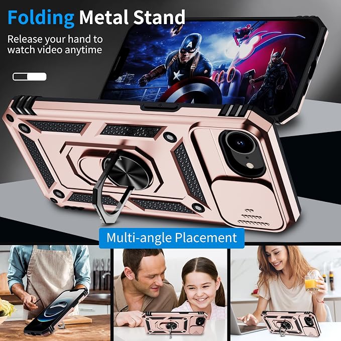 for iPhone 17e Case & iPhone 16e Case with 2X HD Screen Protector & Slide Camera Cover & Rotated Ring Kickstand, Rugged Heavy Duty Protective Phone Case for iPhone 17e/16e 6.1", Rose Gold - Image 3
