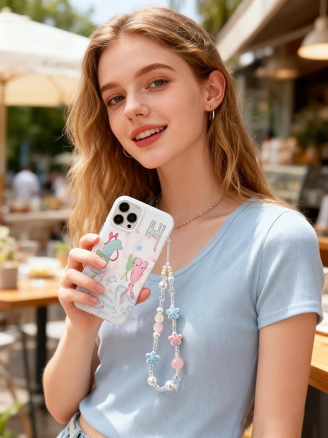 2 Pcs Phone Charm Strap Hand for iPhone Wrist Strap Camera Lanyard Pearl Beaded Cute Chain String Accessories Universal for iPhone 17 Pro Max 16 15 Samsung Women Girls Keychain Bow Flower Blue Flower - Image 3