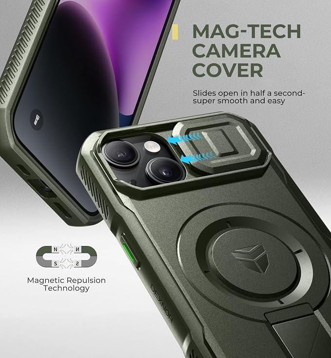 Dexnor for iPhone 13/14 Case with Slide Camera Cover & Adjustable Kickstand, Compatible with MagSafe, Rugged Shockproof Bumper Cases Heavy-Duty Magnetic Protective Cover,6.1 inch,Army Green - Image 4