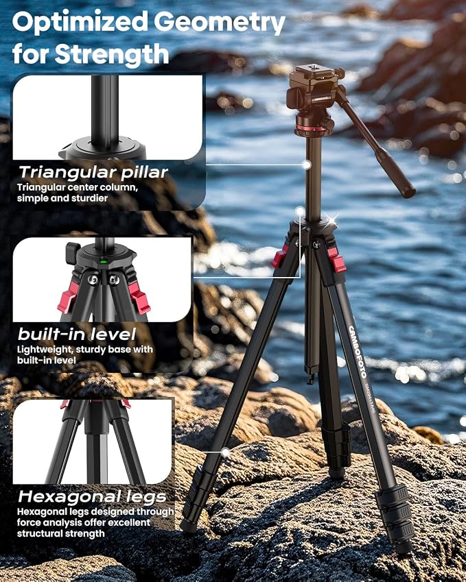 CAMBOFOTO 68" Heavy Duty Tripod, Video Tripod with Fluid Head | Aluminum Camera Tripod, 1/4" Smooth Pan/Tilt Head for DSLR/Camcorders/Binoculars/Spotting Scope/Telescope, Load 8.8lbs - Image 5