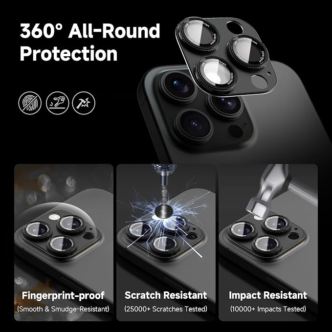 CACOE Metal Camera Lens Protector for iPhone 15 Pro/15 Pro Max | 9H Tempered Glass, Aluminum Frame, HD Clarity, Scratch-Resistant, Camera Screen Protector Cover Accessories, Black - Image 5