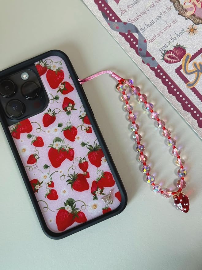 Drawwind Phone Charm Beaded Wristlet Strap Universal Cell Phone Lanyard Cute Bracelet Wrist Strap Beaded Chain String Handmade Accessories for Case Camera Bags (Red Strawberry) - Image 6