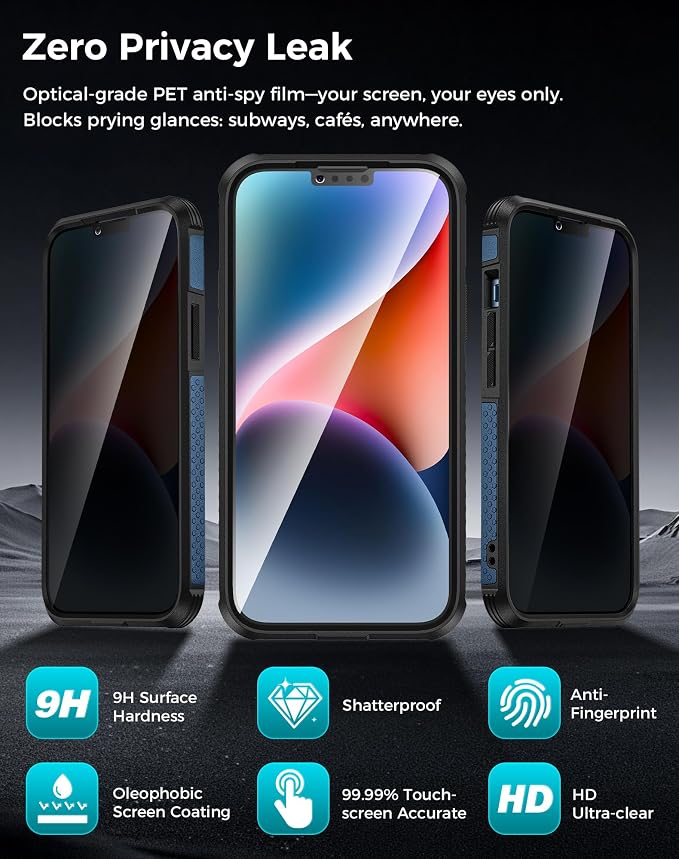 Goton 3 in 1 for iPhone 14 Case with Privacy Screen Protector Blue | Glass Camera Lens Protector,Compatible for MagSafe,Invisible Kickstand, Shockproof Phone Cover for iPhone14 - Image 5