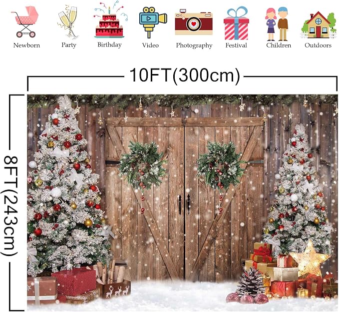 10x8FT Polyester Fabric Winter Christmas Rustic Barn Wood Door Photography Backdrop Xmas Tree Snow Background Banner for Family Holiday Party Decoration Supplies Photo Studio Props Pictures - Image 2
