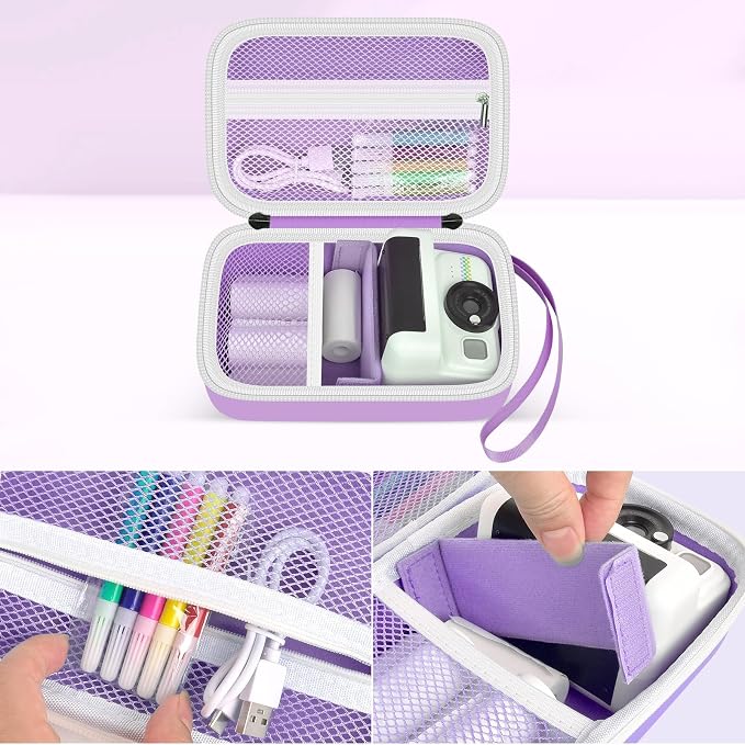 Kids Camera Case for Instant Print and Film Cameras, Purple | For Cimizi/ for GREENKINDER/ for Gofunly/ for HiMont Kid Camera, Shockproof Organizer with Removable Divider & Mesh Pockets - Image 4