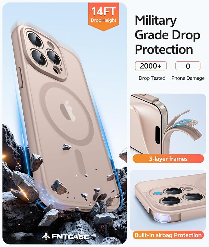 FNTCASE for iPhone 15 Pro Max Case, Fit for Magsafe, Glass Screen Protector | Full Camera Protection, Translucent Matte, 14FT Military Grade Drop Proof, Shockproof Protective Phone Cover, Desert Gold - Image 5