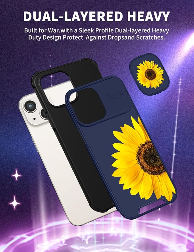 Case for iPhone 12 6.1'' Unique Blue Phone Cover | 2in1, Sunflower Floral, for Women Girls, Girly, Cute Flowers Design, with Slide Camera Cover, Protective, Cases, for iPhone12 - Image 5
