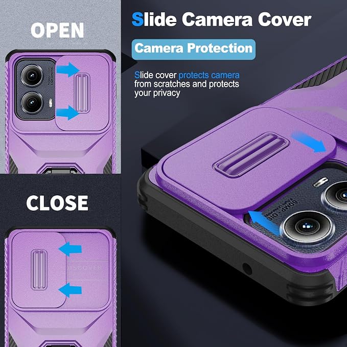for Moto Edge 2024 Case,with Sliding Camera Lens Cover,HD Screen Protector,360° Rotating Ring Kickstand, Military-Grade Shockproof Protective Cover for Motorola Moto Edge 2024,Purple - Image 3