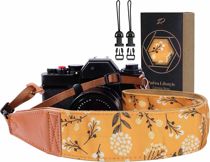 Padwa Lifestyle Camera Strap - 2" Full Grain Leather Ends Camera Straps for Photographers, Vintage Embroidered Cotton Weave Soft Suede Fabric Padded Strap Quick Release fits All Cameras by PadwaLifestyleCameraStrap
