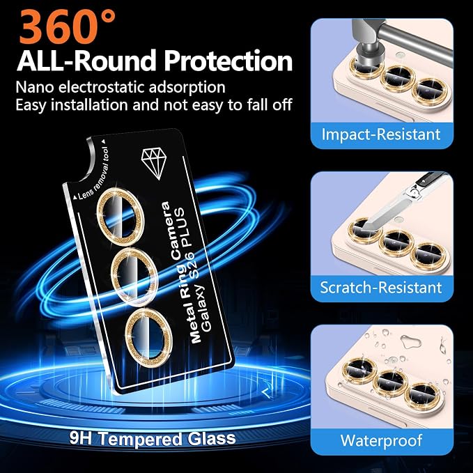 for Samsung Galaxy S26 Plus Camera Lens Protector, Individual Metal Ring Tempered Glass Lens Cover, [Strong Adsorption] Scratch Resistant Ultra-Thin HD Clear Lens Cover, 1 Set-Gold Sparkly - Image 2