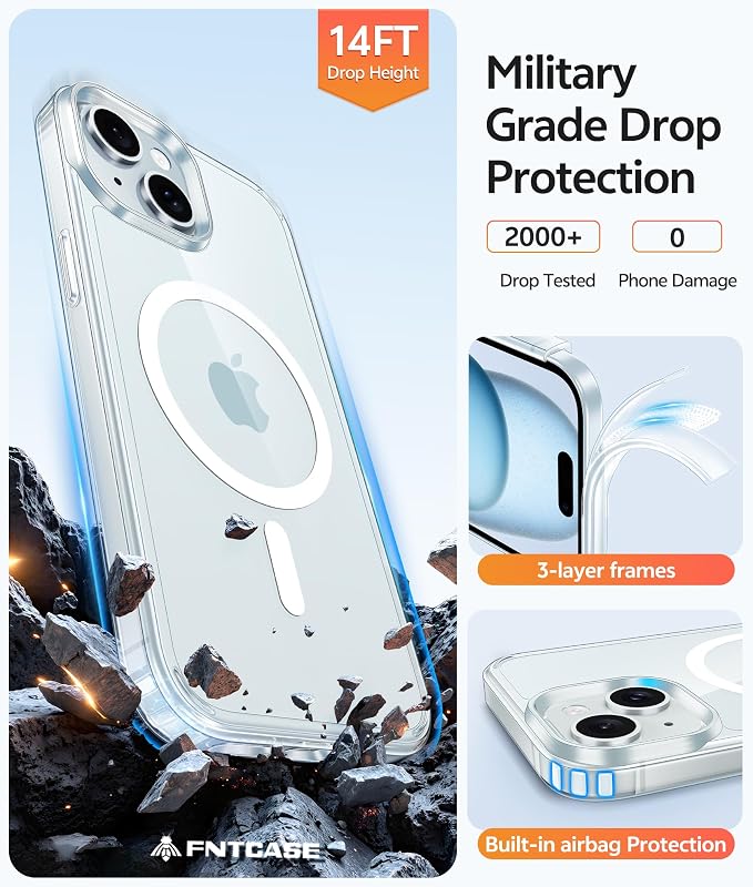 FNTCASE for iPhone 15/14 Plus Case Clear, Fit for Magsafe, Screen Protector | Anti Yellowing Magnetic Back, 14FT Military Grade Drop Protection, Shockproof Protective Phone Cover, Transparent - Image 5