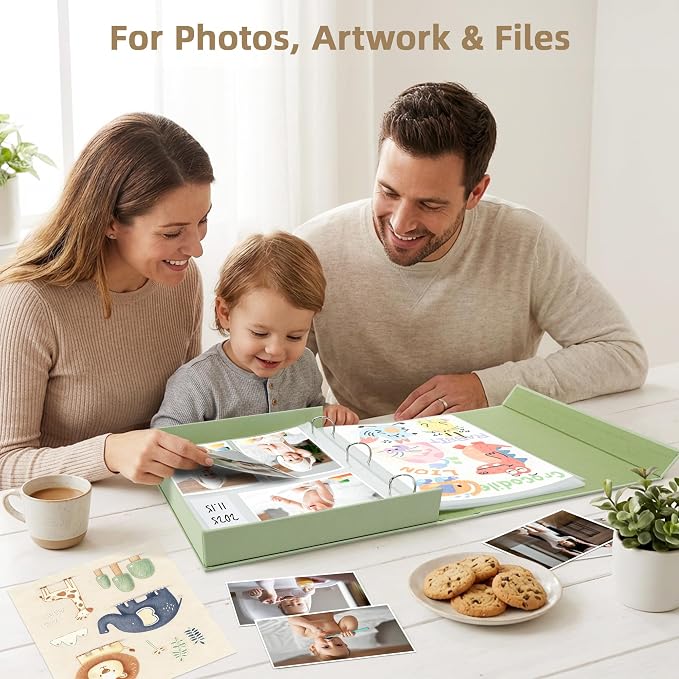 4x6 Photo Storage Box with 3-Ring Slip-In Album, Linen Binder Organizer with Gold Foil Cover, Holds 310 Photos with Blank Memo Cards for Memories & Keepsakes, Light Green - Image 6