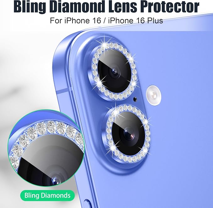 AGVEE 3+3 6 Pack for iPhone 16/16 Plus Camera Lens Protector Cover | Individual Bling Diamond & Bling Glitter Sparkle Cute Gem Metal Ring, 9H Tempered HD Glass - Image 4