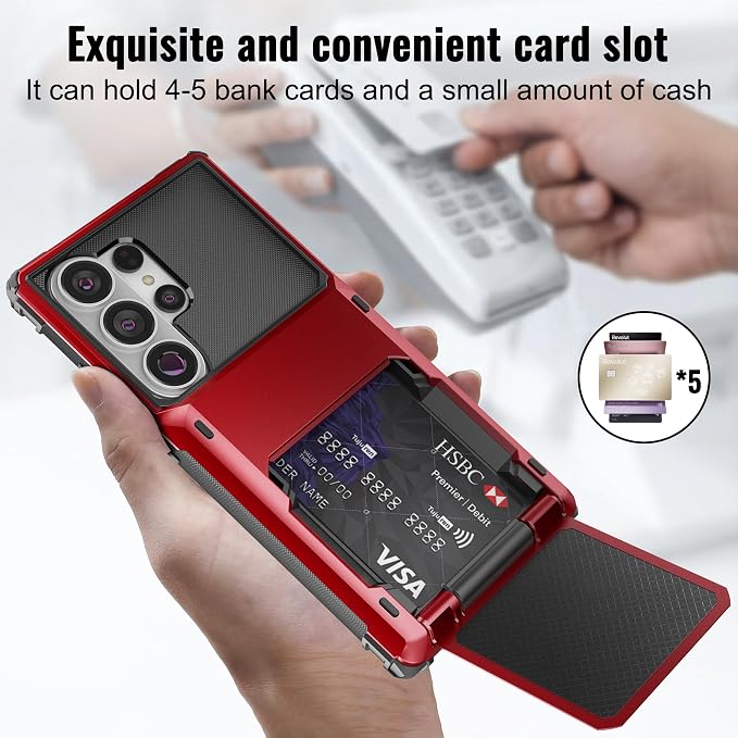 Foluu Wallet Case for Samsung Galaxy S26 Ultra with Card Holder, 5 Credit Hidden Card Slot Flip Cover Dual Layer Protective Hard PC Back & Soft TPU Bumper Case for Galaxy S26 Ultra 2026 (Red) - Image 2