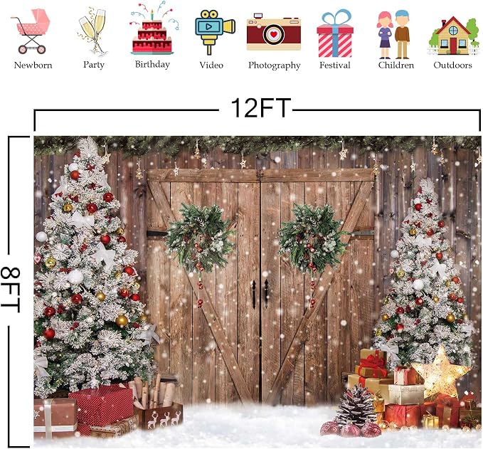 12x8FT Polyester Fabric Winter Christmas Rustic Barn Wood Door Photography Backdrop Xmas Tree Snow Background Banner for Family Holiday Party Decoration Supplies Photo Studio Props Pictures - Image 3