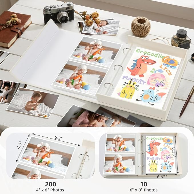 4x6 Photo Storage Box with 3-Ring Slip-In Binder Album, Linen Organizer with Gold Foil Cover, Holds 210 Photos for Travel, Wedding & Memory Keeping, Beige - Image 2
