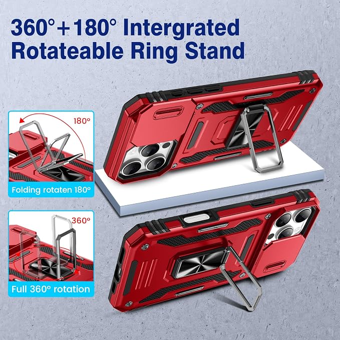 VEGO for iPhone 16 ProMax Case with Privacy Screen Protector and Stand Red | Slide Camera Cover & Ring Kickstand Military Grade Heavy Duty Protection Cover for iPhone 16 Pro Max 5G 6.9 Inch - Red - Image 4