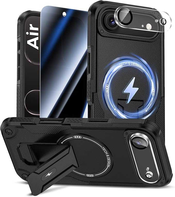 Goton 3 in 1 for iPhone Air Case with Privacy Screen Protector Black | Glass Camera Lens Protector,Compatible for MagSafe,Invisible Kickstand, Shockproof Phone Cover for iPhone 17air by Goton