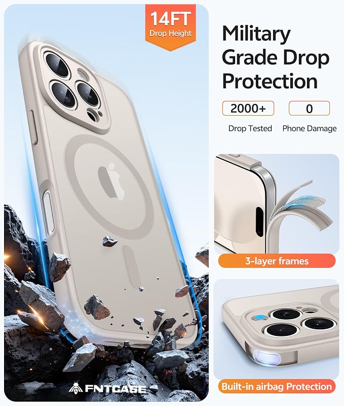 FNTCASE for iPhone 16 Pro Max Case, Fit for Magsafe, Glass Screen Protector | Full Camera Protection, Translucent Matte, 14FT Military Grade Drop Proof, Shockproof Protective Phone Cover, Off White - Image 5