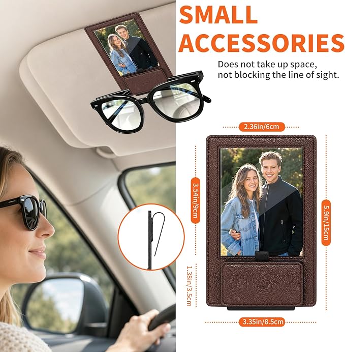 2-in-1 Car Visor Sunglasses & Photo Holder, Magnetic PU Leather Glasses Clip with Picture Display Slot, Universal Sun Visor Organizer for Eyeglasses, Personalized Cards & Memories, Dark Brown - Image 5